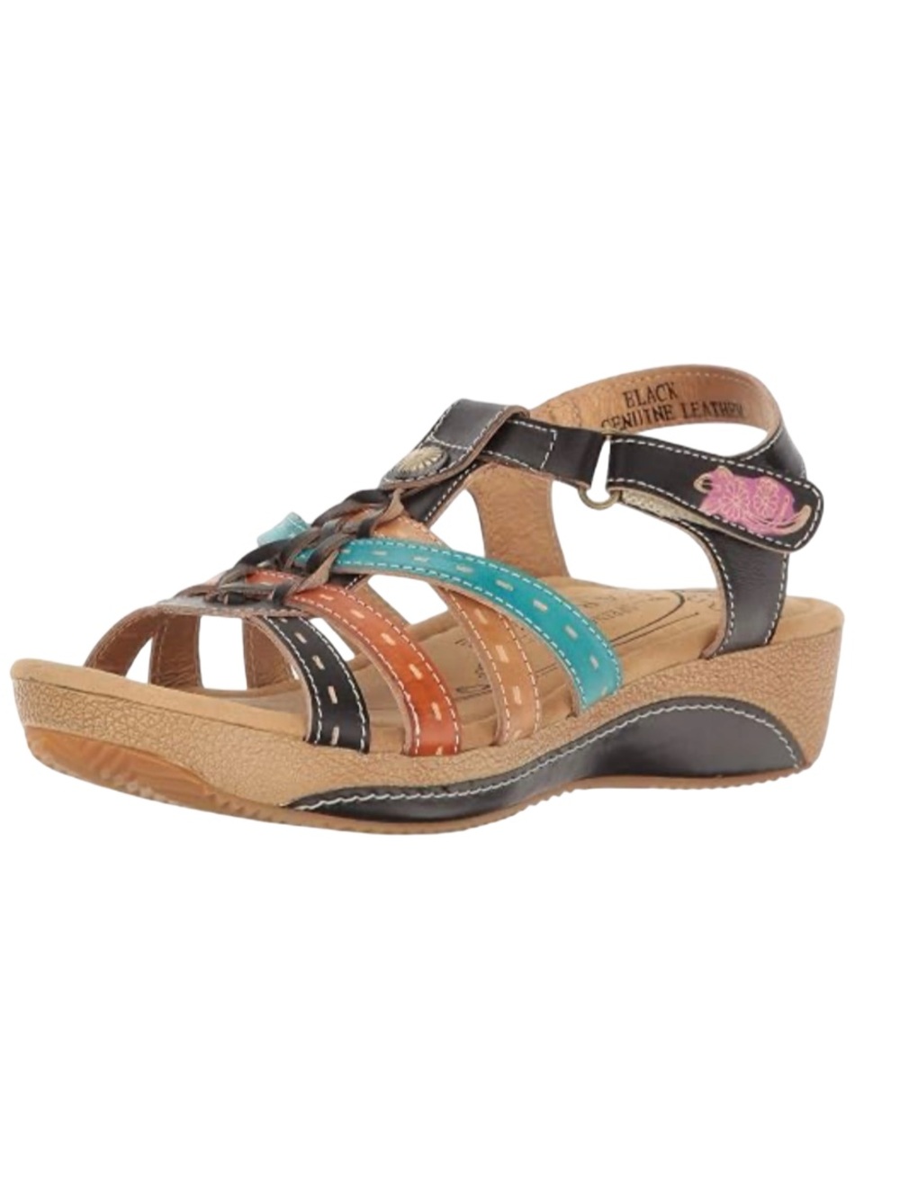L'ATISTE Chloe Multi-Strip Leather Sandal in Turquoise, Tan, Brown, Black